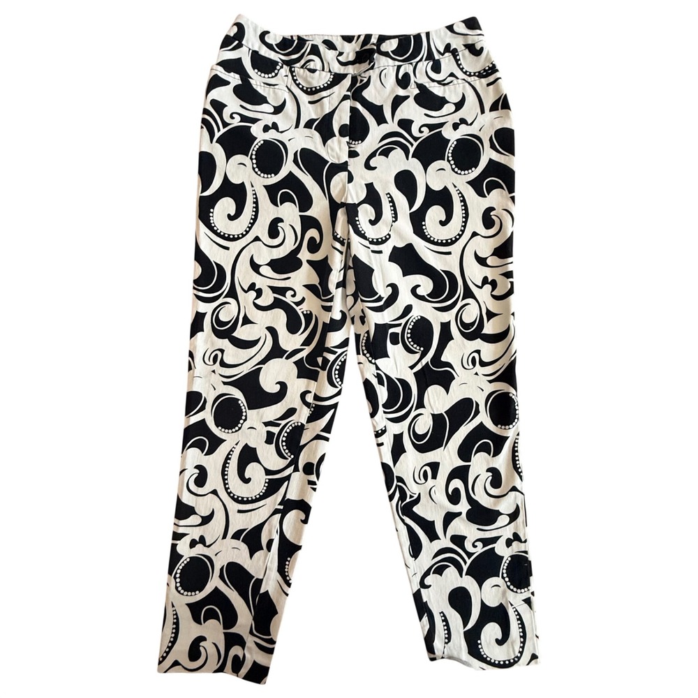 Bianca Nygard Y2K Quiet Luxury Petite 8 Black White Scroll Stretch Ankle Pants